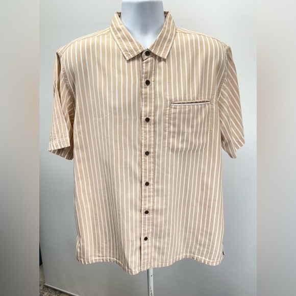 PACT Men's tan and white striped button down camp shirt size XL - Picture 1 of 13